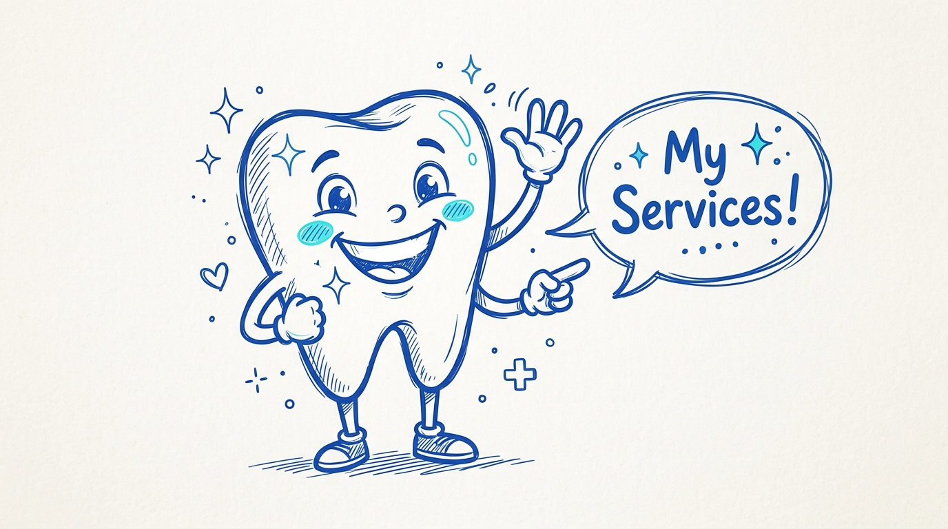 Cartoon Tooth saying My Services — Shekhar Dental